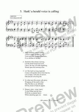 page one of English hymnal carols 5-9 (Hark the herald, Hark the glad sound, Lo He comes, O come o come Emmanuel, On Jordan's bank)