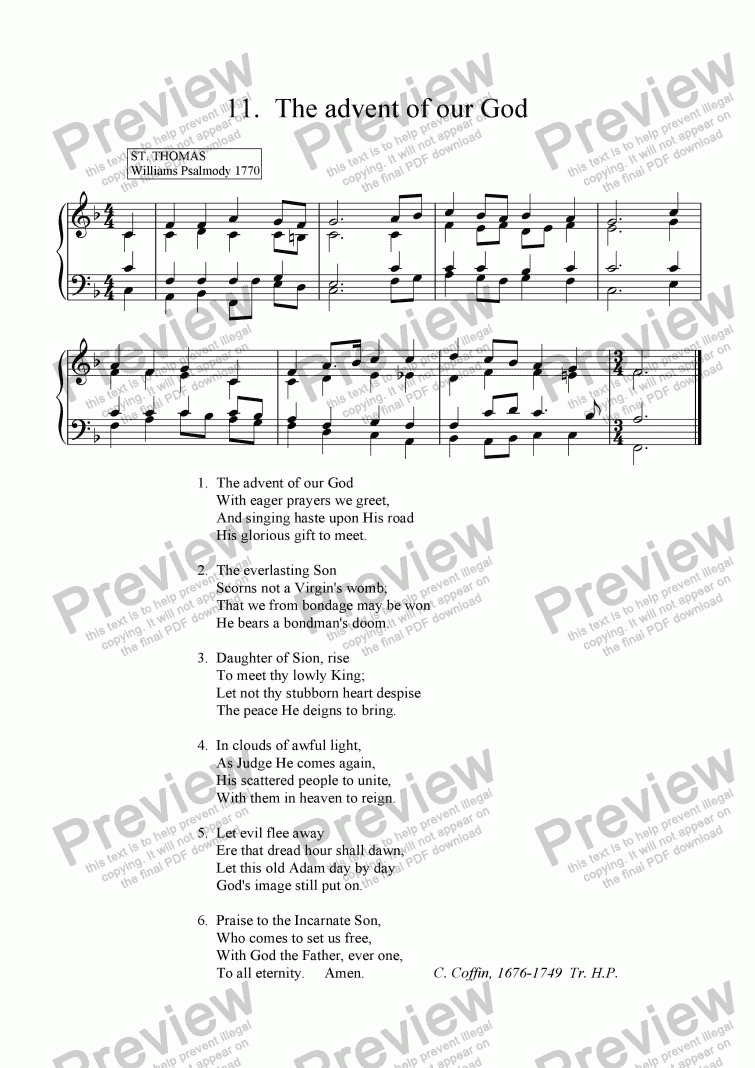page one of English hymnal carols 11, 12, 14, 15, 19, 21 (Advent of our God, Wake o wake, Come Thou Redeemer of the earth, O little town of Bethlehem, Great and mighty wonder, Christians awake salute the happy morn)