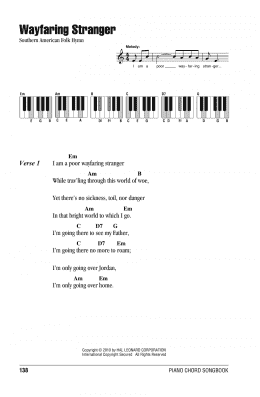 page one of Wayfaring Stranger (Piano Chords/Lyrics)