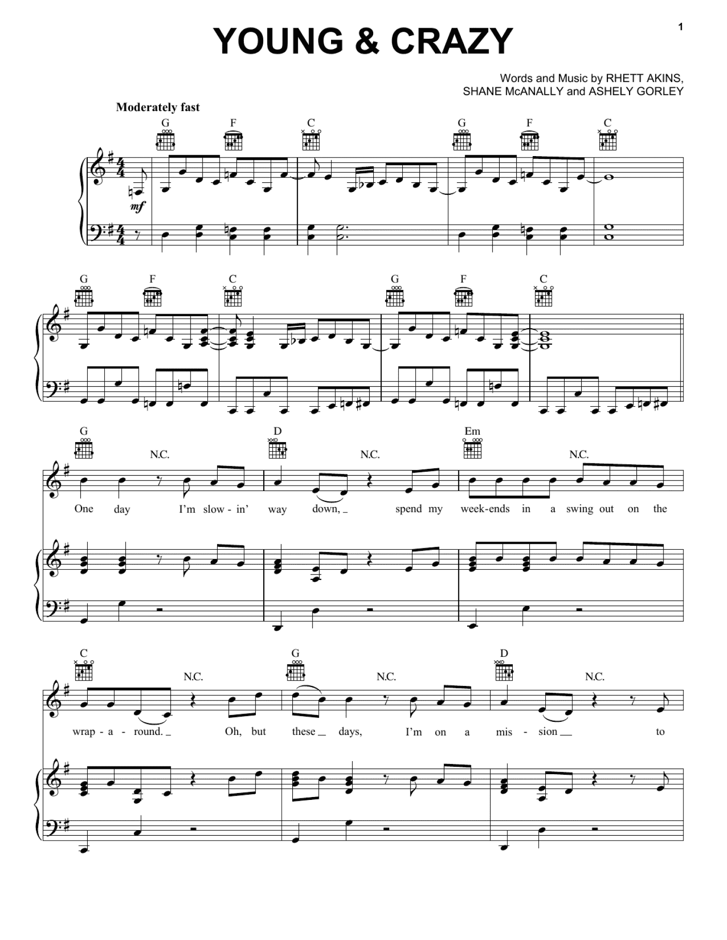 Young & Crazy (Piano, Vocal & Guitar Chords (Right-Hand Melody))