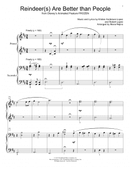 page one of Reindeer(s) Are Better Than People (from Disney's Frozen) (arr. Mona Rejino) (Piano Duet)