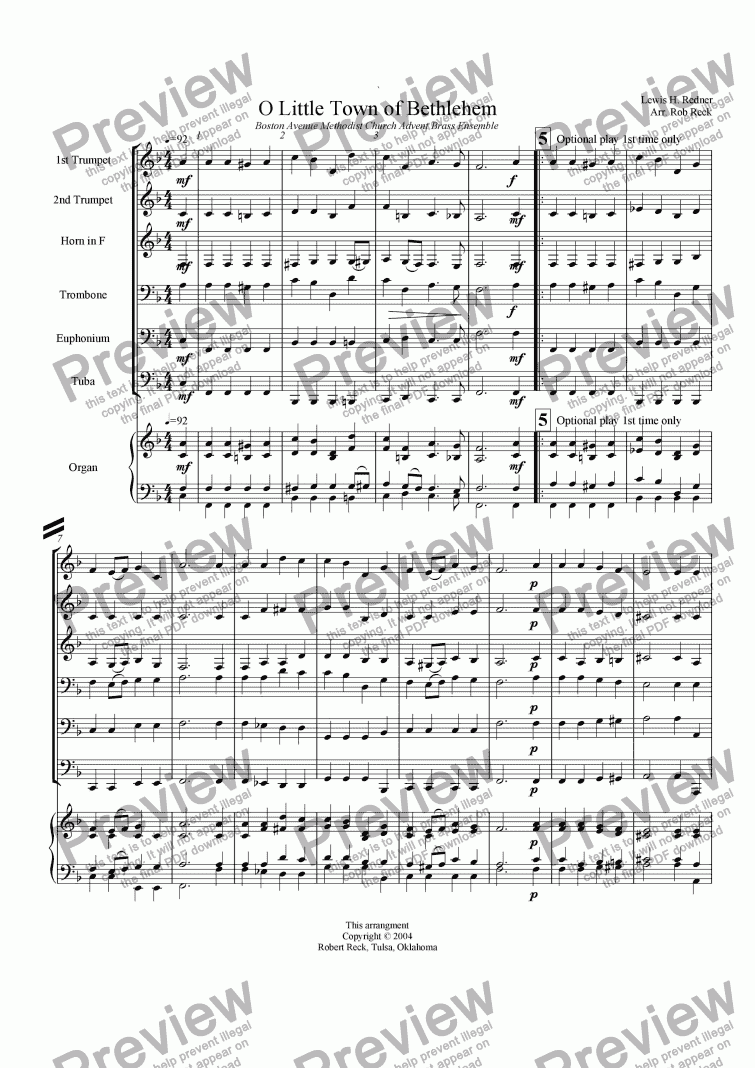 page one of O Little Town of Bethlehem (Brass and/or Organ