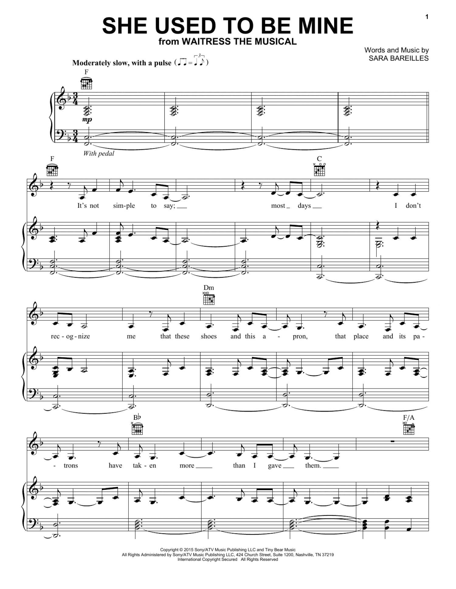 She Used To Be Mine (from Waitress The Musical) (Piano, Vocal & Guitar Chords (Right-Hand Melody))