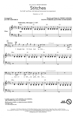 page one of Stitches (arr. Jacob Narverud) (SAB Choir)