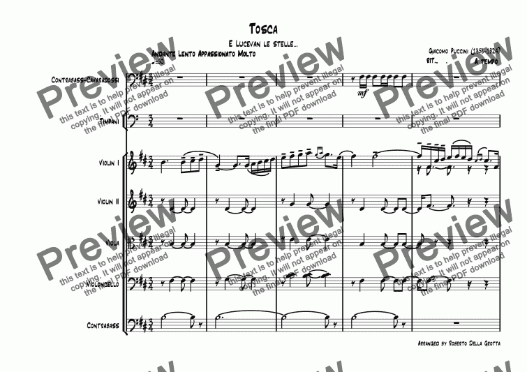 page one of E lucevan le stelle (Tosca) for Contrabbass, Timpani and String quintet