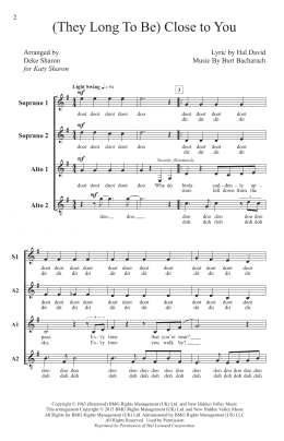page one of (They Long To Be) Close To You (arr. Deke Sharon) (SSA Choir)