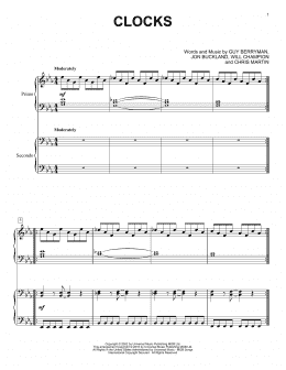 page one of Clocks (Piano Duet)