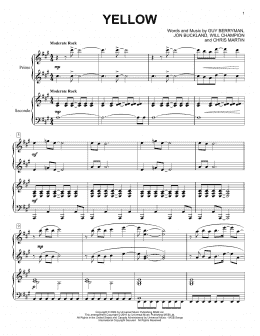 page one of Yellow (Piano Duet)