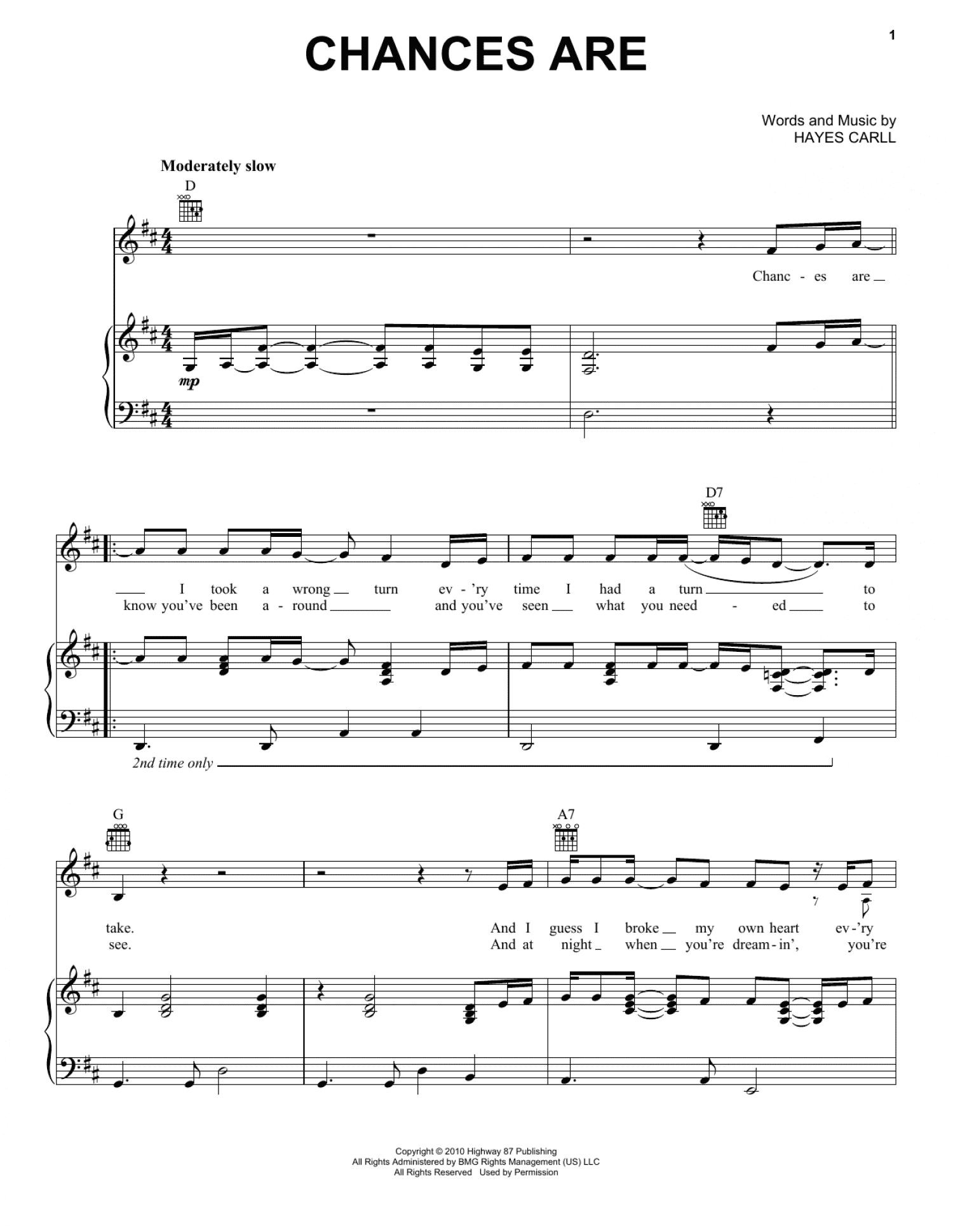 Chances Are (Piano, Vocal & Guitar Chords (Right-Hand Melody))