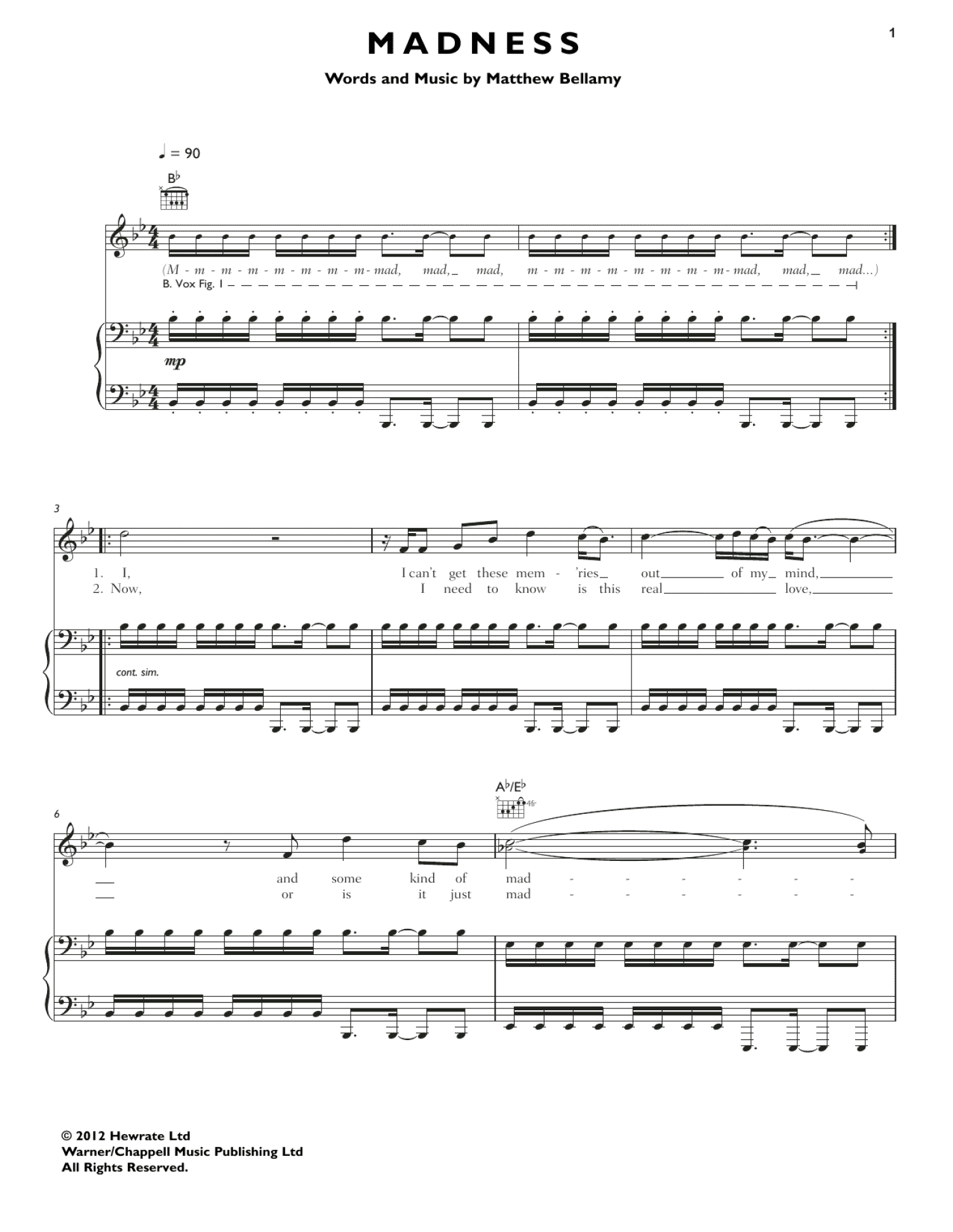 Madness (Piano, Vocal & Guitar Chords (Right-Hand Melody))