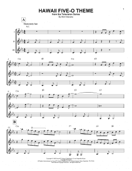 page one of Hawaii Five-O Theme (Guitar Ensemble)