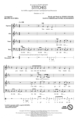 page one of Stitches (arr. Brandy Kay Riha) (SATB Choir)