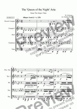 page one of 'Queen of the Night Aria' for Brass Quintet