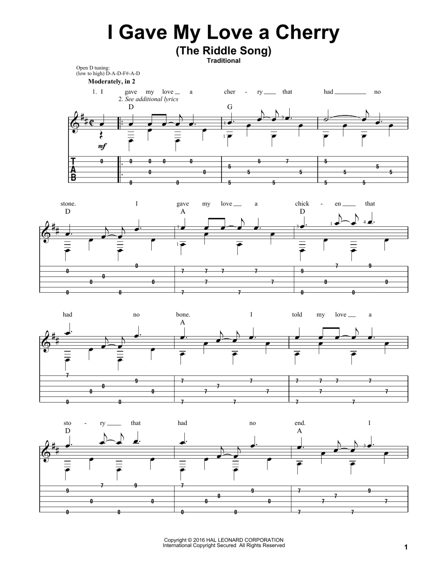 I Gave My Love A Cherry (The Riddle Song) (Solo Guitar Tab)