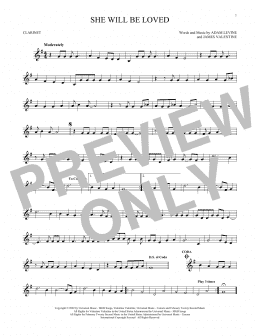 page one of She Will Be Loved (Clarinet Solo)