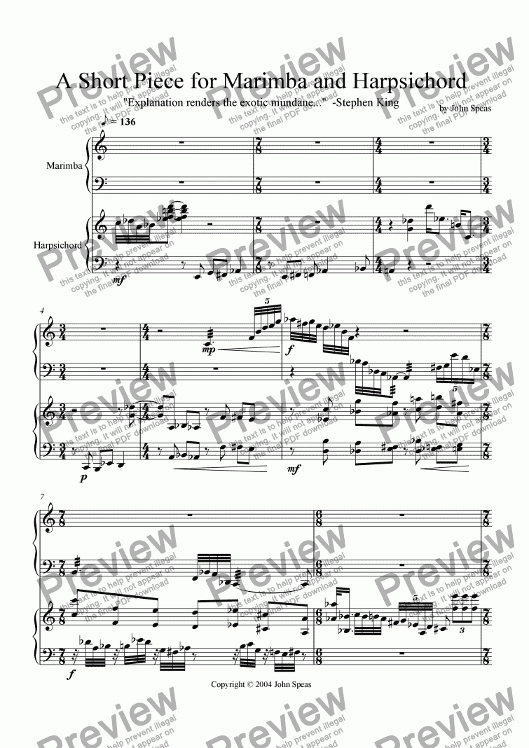 page one of A Short Piece for Marimba and Harpsichord