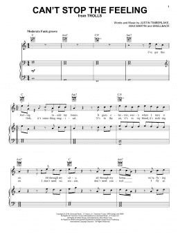 page one of Can't Stop The Feeling (Piano, Vocal & Guitar Chords + Backing Track)