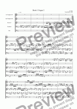 page one of Bach's Fugue 2 from Book 1 for Brass Quintet