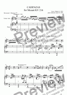 page one of Original Cadenza for Mozart's G Major Violin Concerto, KV216  (3rd Movement, piano reduction)