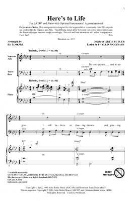 page one of Here's To Life (SATB Choir)
