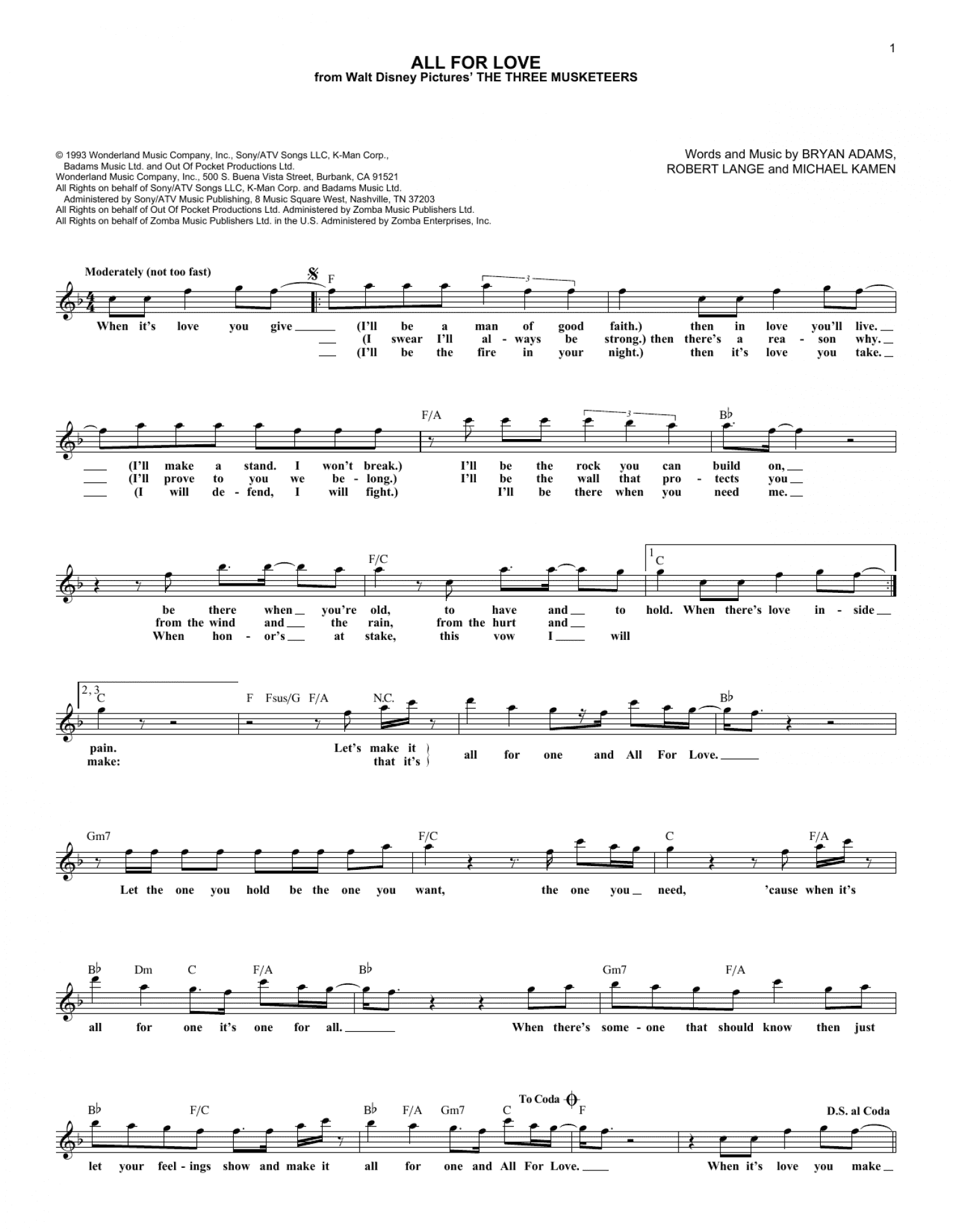 All For Love (Lead Sheet / Fake Book)