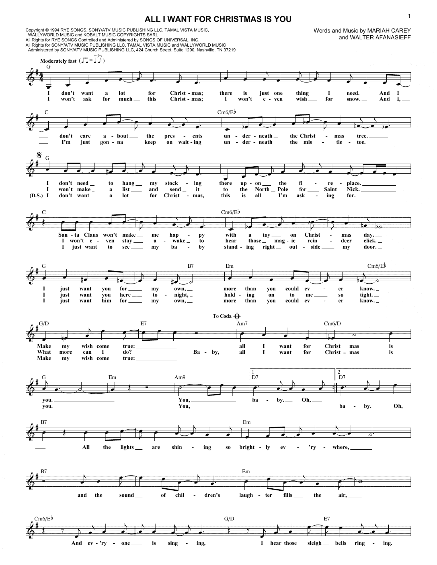 All I Want For Christmas Is You (Lead Sheet / Fake Book)