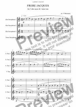 page one of Frere Jacques for 3 altos & 1 tenor sax