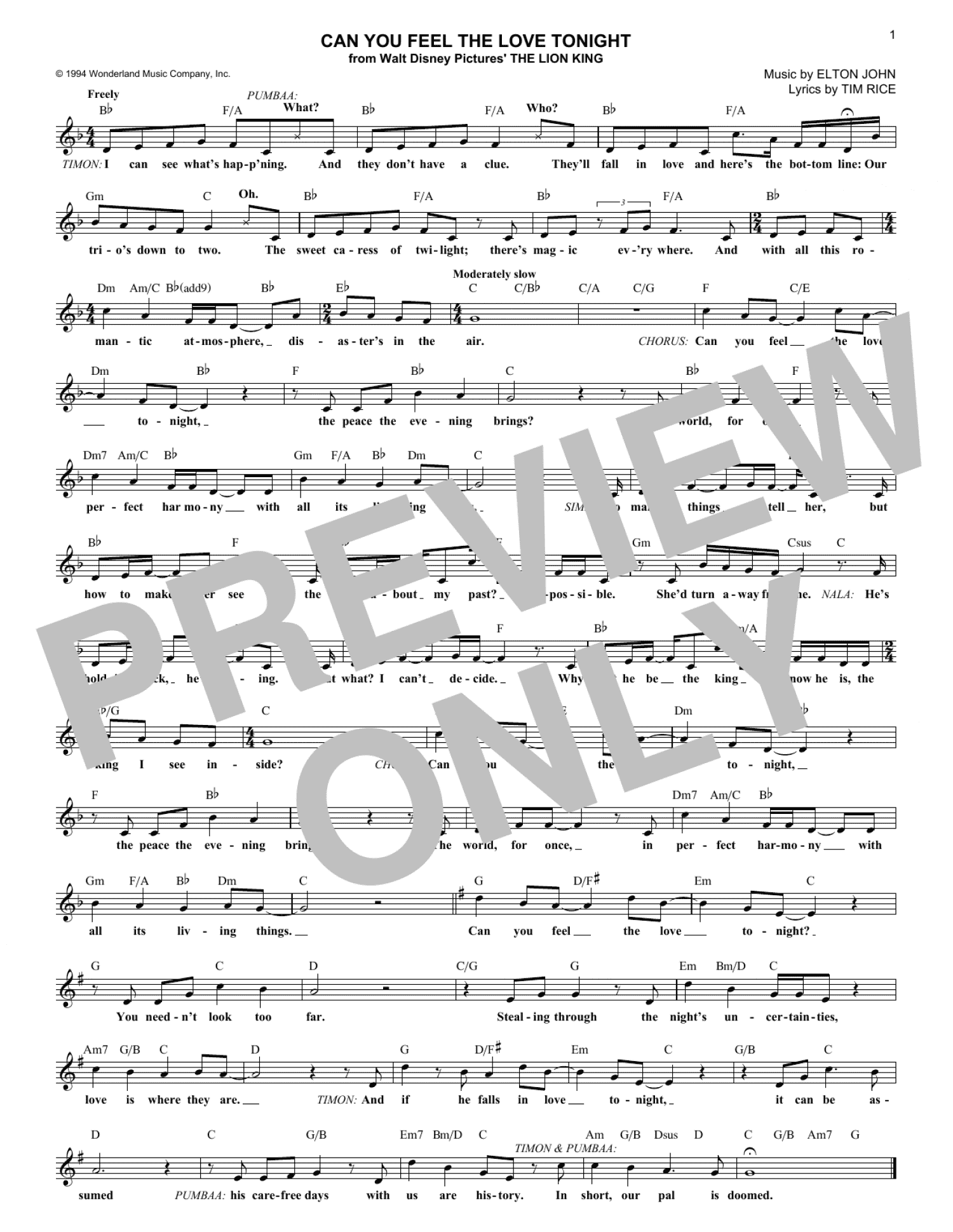 Can You Feel The Love Tonight (from The Lion King) (Lead Sheet / Fake Book)