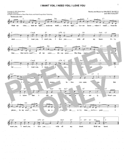 page one of I Want You, I Need You, I Love You (Lead Sheet / Fake Book)