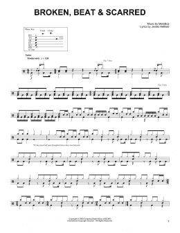 page one of Broken, Beat & Scarred (Drums Transcription)