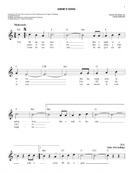 page one of Annie's Song (Lead Sheet / Fake Book)