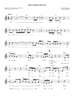 page one of I Will Always Love You (Easy Lead Sheet / Fake Book)