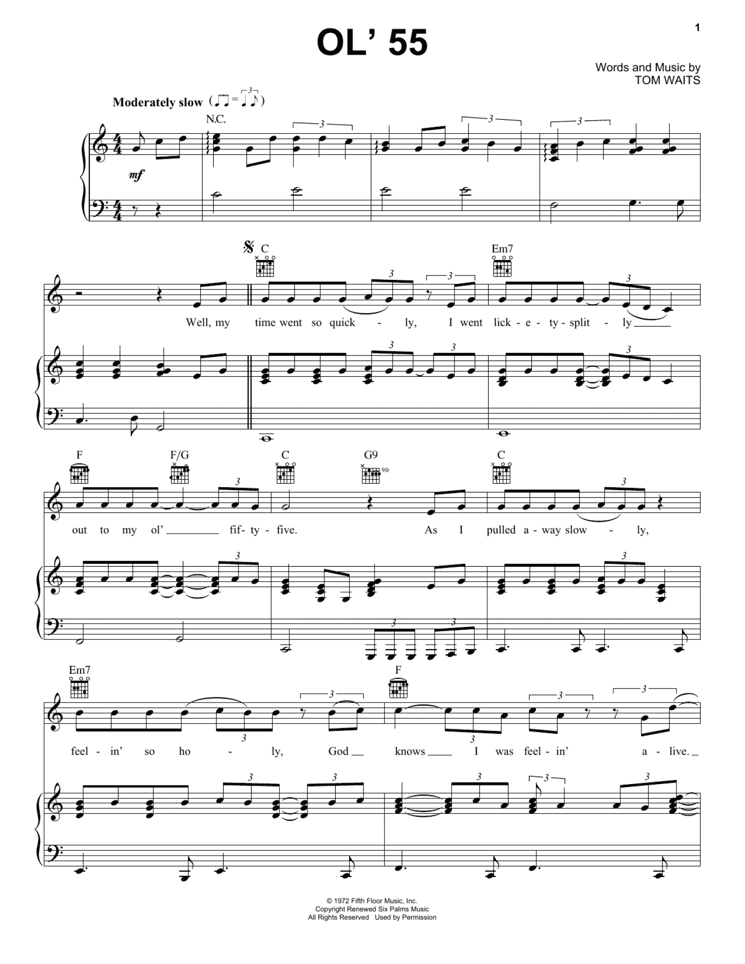 Ol' 55 (Piano, Vocal & Guitar Chords (Right-Hand Melody))