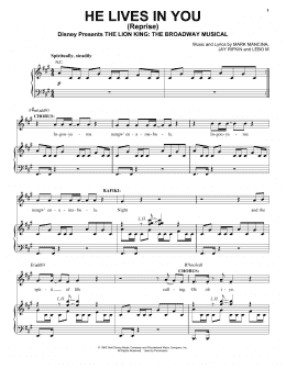 page one of He Lives In You (Reprise) (from The Lion King: Broadway Musical) (Piano, Vocal & Guitar Chords (Right-Hand Melody))