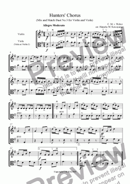 page one of Hunters' Chorus Duet No.3 for Violin and Viola