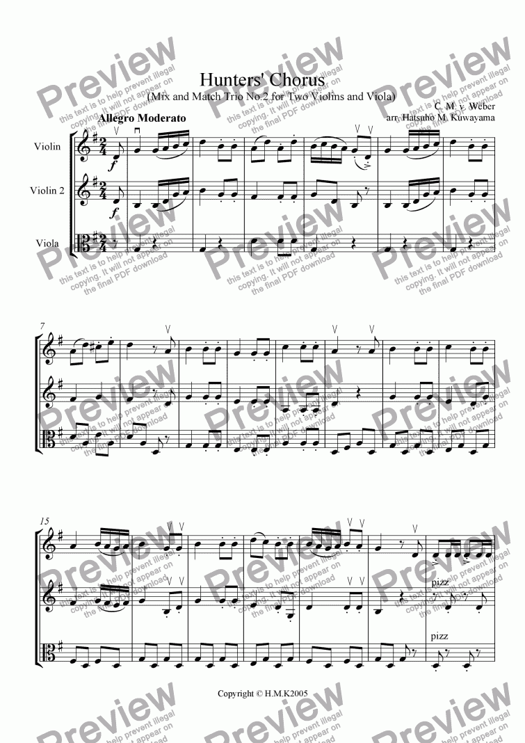 page one of Hunters' Chorus Trio No.2 for Two Violins and Viola