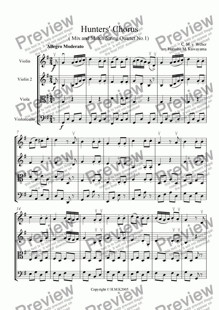 page one of Hunters' Chorus Quartet No.1 for Two Violins, Viola and Cello