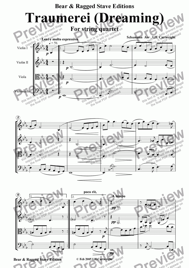 page one of Traumerei (Dreaming) for string quartet
