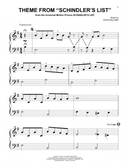 page one of Theme From Schindler's List (Beginning Piano Solo)