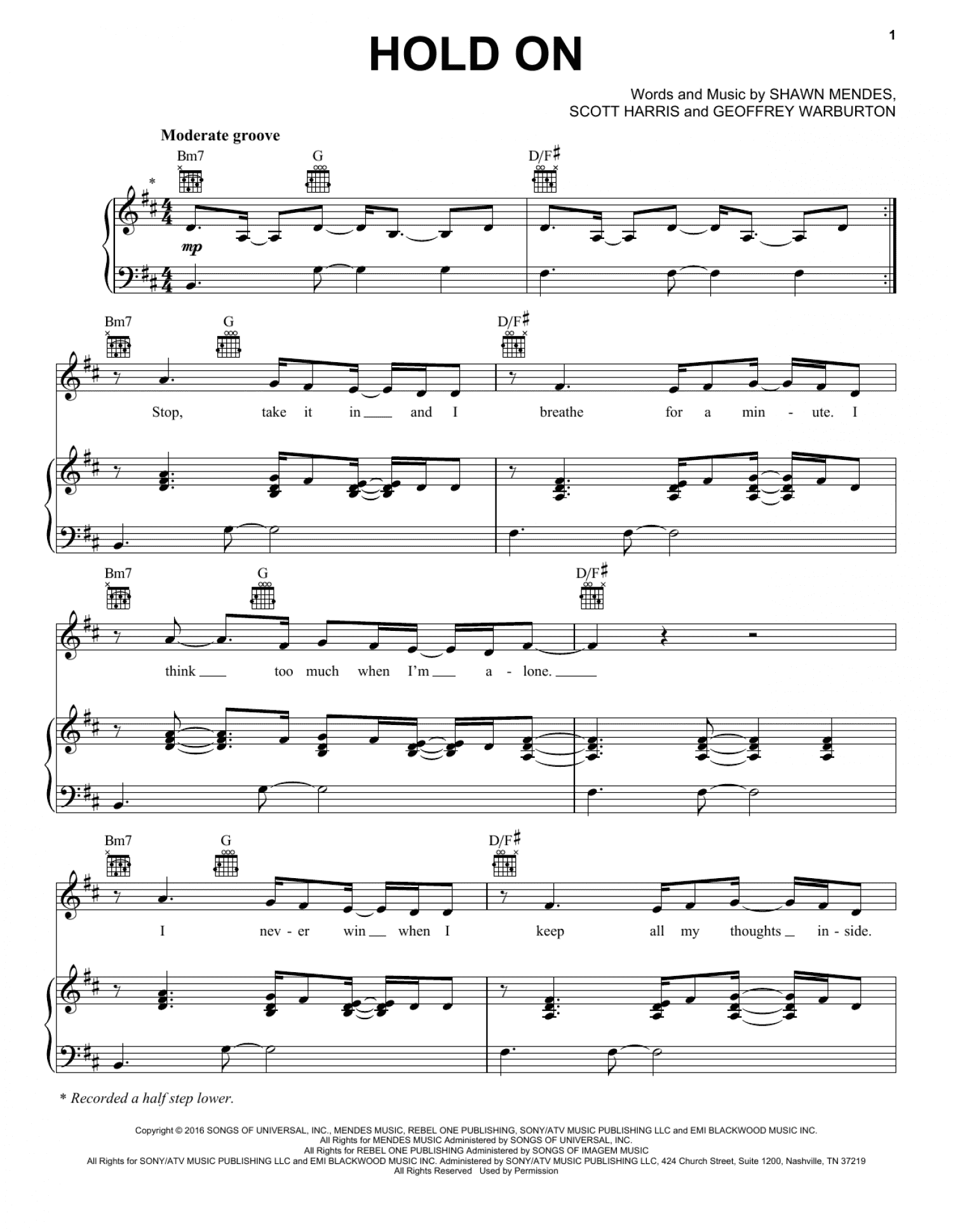 Hold On (Piano, Vocal & Guitar Chords (Right-Hand Melody))