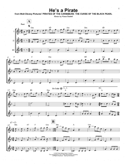 page one of He's A Pirate (from Pirates Of The Caribbean: The Curse of the Black Pearl) (Ukulele Ensemble)