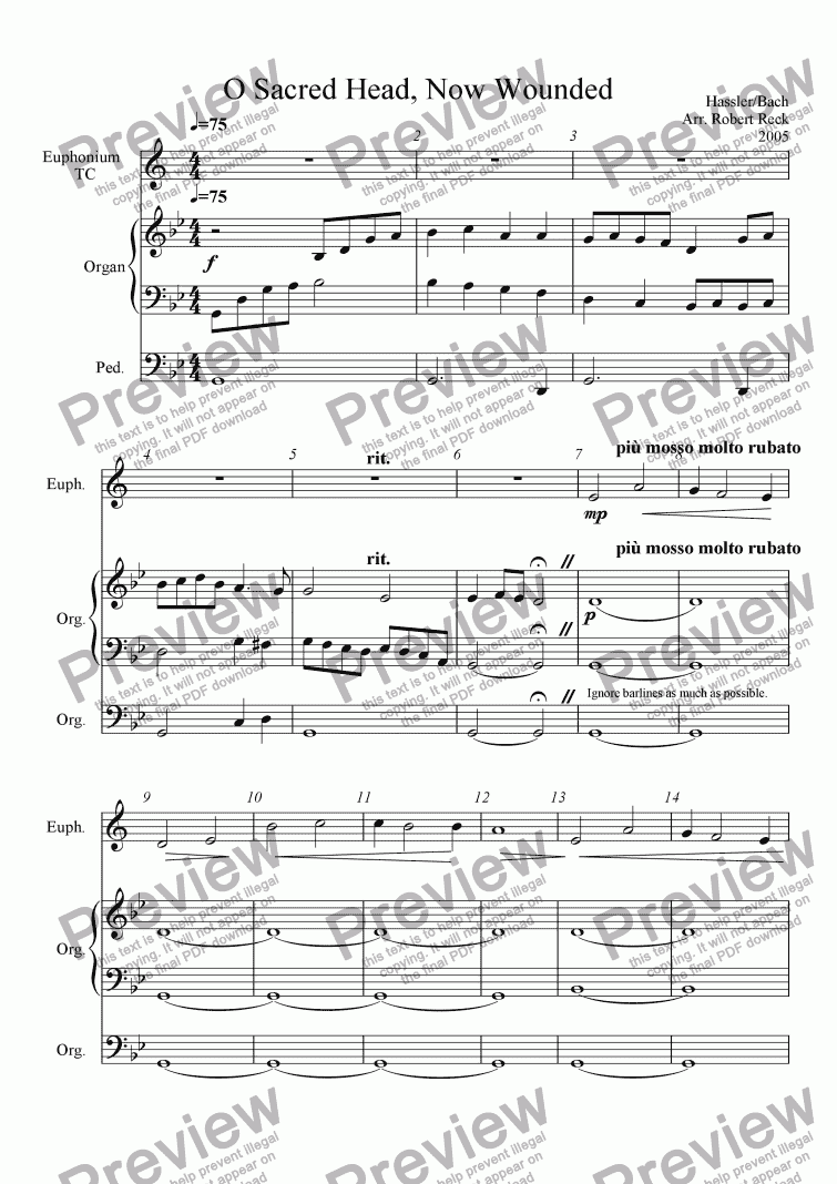 page one of O Sacred Head, Now Wounded (for Solo Euphonium/Trombone/Horn and Organ)