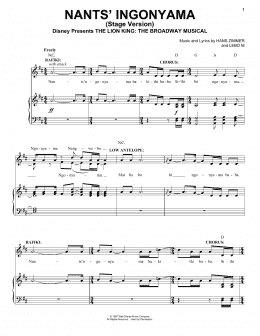 page one of Nants' Ingonyama (Stage Version) (from The Lion King: Broadway Musical) (Piano, Vocal & Guitar Chords (Right-Hand Melody))