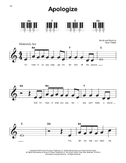 page one of Apologize (Super Easy Piano)