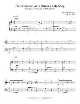 page one of Five Variations On A Russian Folk Song, Op. 51, No. 1 (Piano Solo)