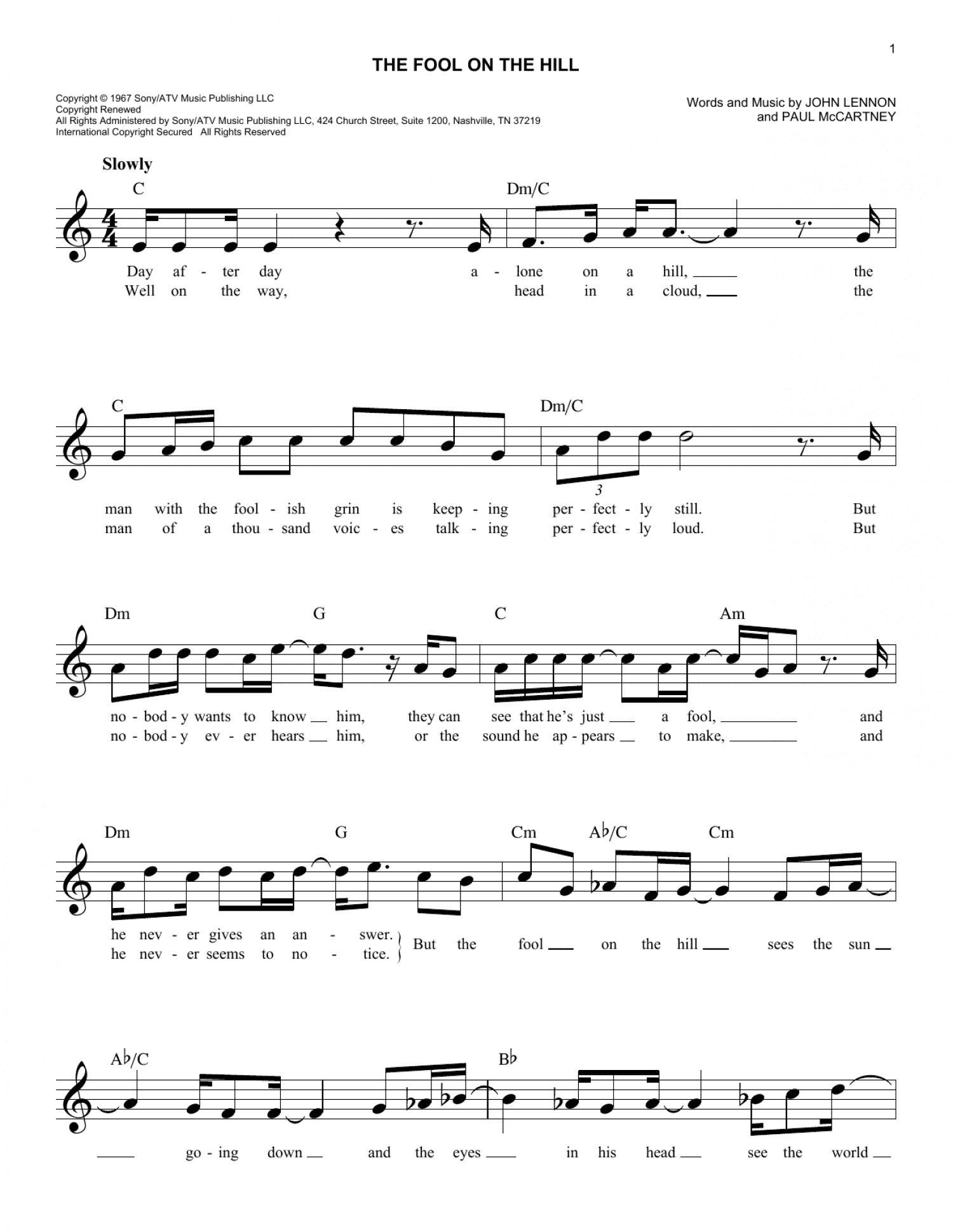 The Fool On The Hill (Lead Sheet / Fake Book)