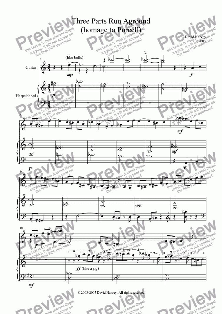 page one of Three Parts Run Aground (Guitar and Harpsichord)