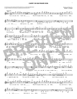 page one of Carry On Wayward Son (Lead Sheet / Fake Book)