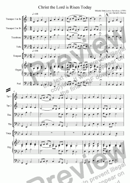 page one of Christ the Lord is Risen Today for Brass Quartet, Timpani, and organ