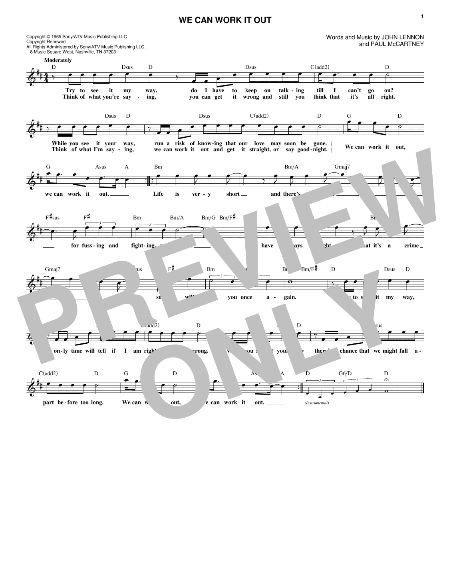 We Can Work It Out (Lead Sheet / Fake Book)